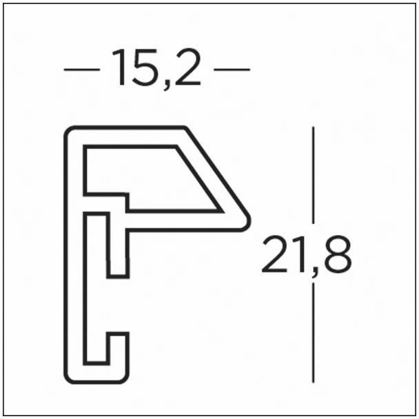 Technický výkres profilu s rozměry: šířka 15,2 mm a výška 21,8 mm. Náčrt ukazuje úhly a pravoúhlé části.