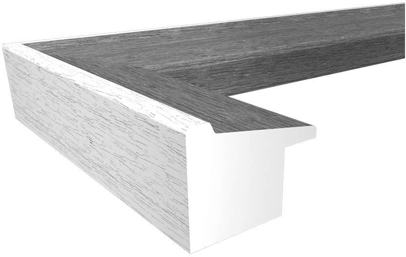 L-tvarový dřevěný konstrukční prvek připomínající pracovní desku. Povrch má šedou texturovanou kresbu dřeva, hrana je bílá.