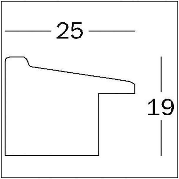 Příčný řez profilu se skloněnou horní stranou. Šířka 25 mm, výška 19 mm.