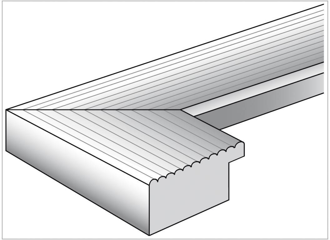 Izometrický nákres kovového profilu s drážkou uprostřed, pravděpodobně určený pro spojení nebo zpevnění konstrukčních prvků.