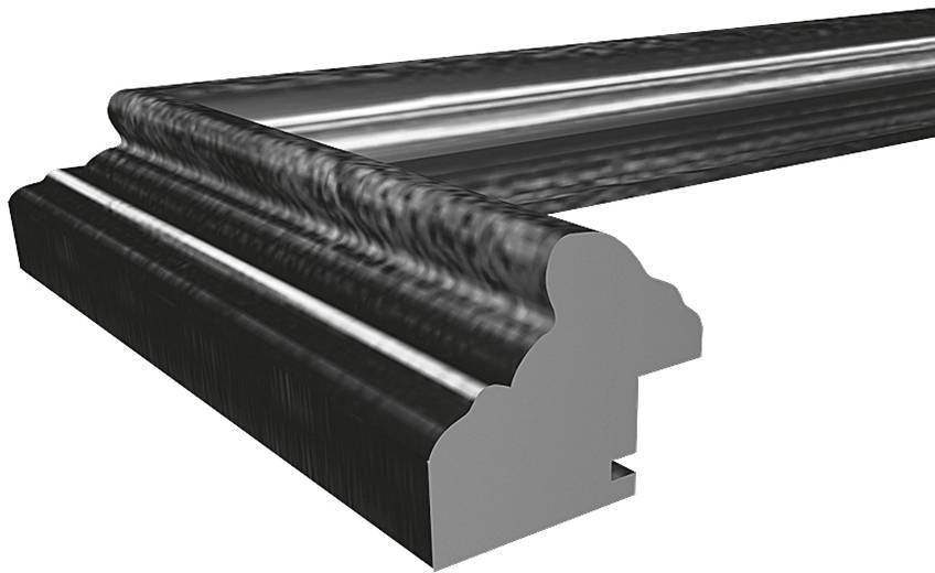 Černý ozdobný dřevěný profil se zvlněnými vzory, zobrazený z boku. Používá se jako dekorativní lemování rámu.