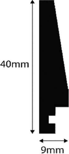 Černý obrys L-tvarového objektu, vysokého 40 mm a širokého 9 mm, se šikmým horním koncem a obdélníkovým výřezem dole.