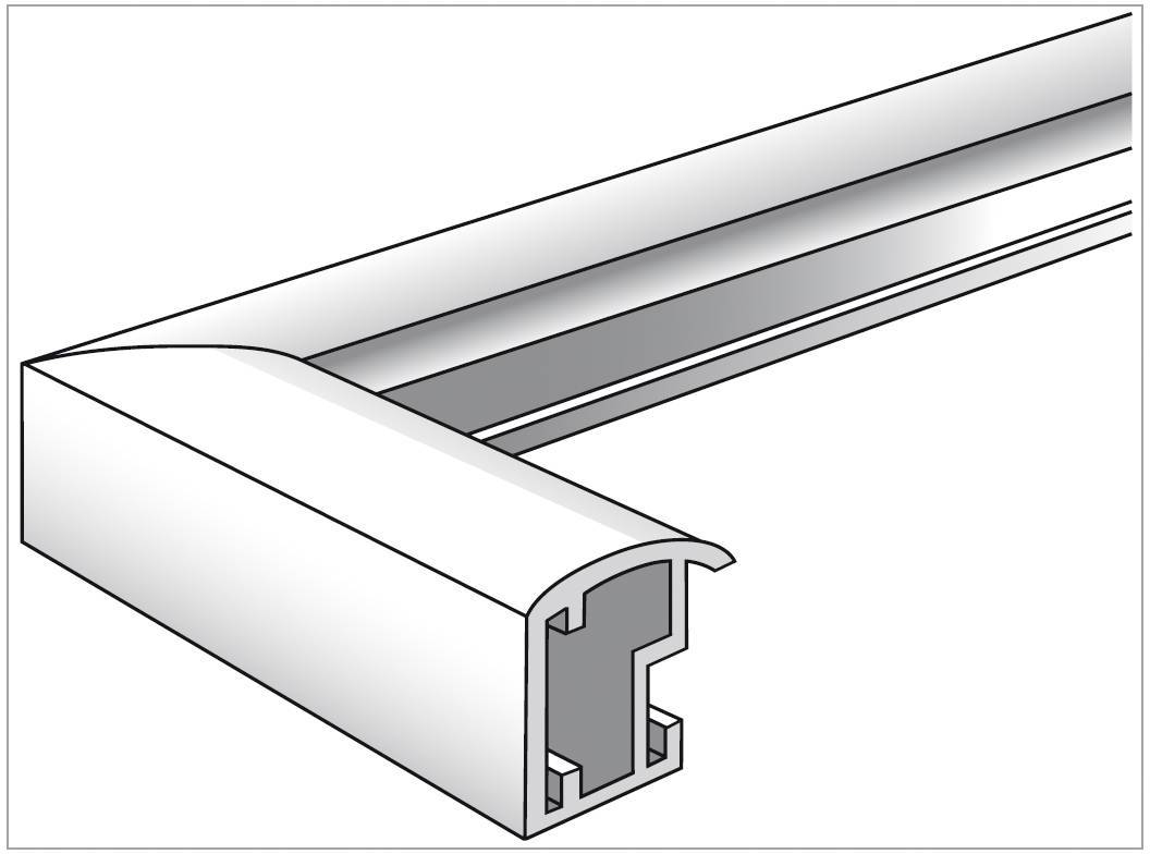 Řezný model rámu ukazuje kovový okraj a vnitřní strukturu. Slouží k ilustraci designu rámu.