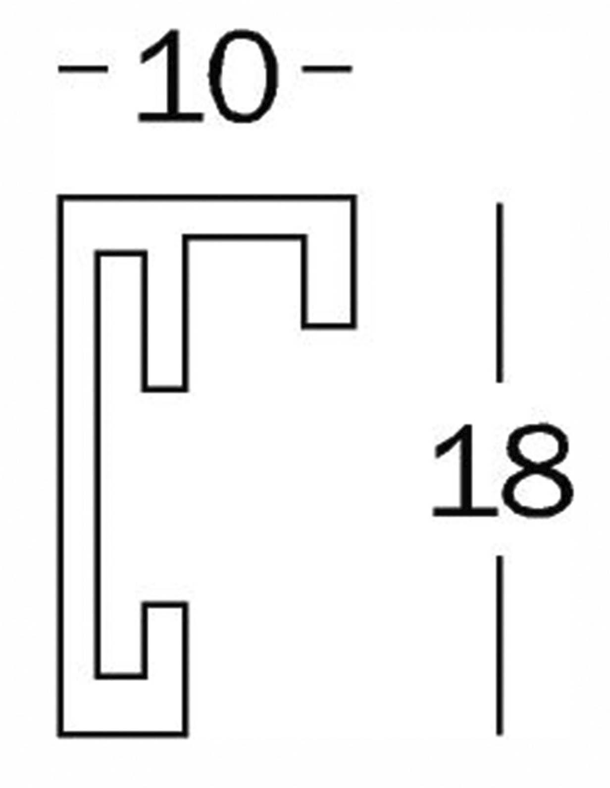 Technický výkres kovového profilu s krabicovým tvarem. Nahoře je šířka vyznačena hodnotou '10' a vpravo výška hodnotou '18'.