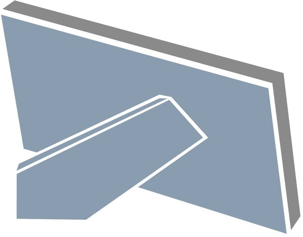 Abstraktní ilustrace modrého obdélníku s trojúhelníkovým prvkem na zadní straně, který vyvolává dojem podstavce.