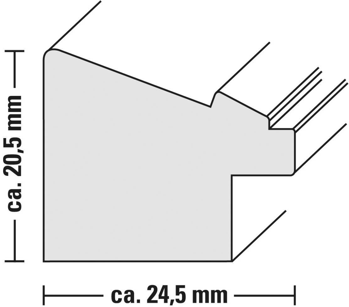 Příčný řez rámem s rozměry: výška cca 20,5 mm, šířka cca 24,5 mm.