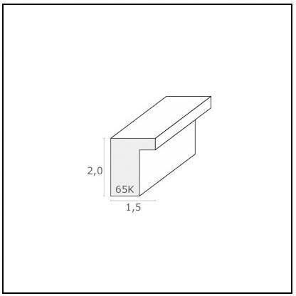 Trojrozměrný technický výkres L-tvarového objektu s rozměry 2,0 a 1,5 a popiskou '65K'.
