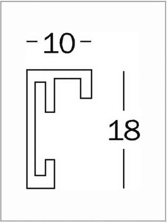 Technický diagram znázorňuje L-profil s rozměry 10 mm horizontálně a 18 mm vertikálně.
