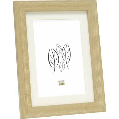 Dřevěný rám se stylizovaným listovým vzorem na bílém pozadí, dole malý barevný symbol.