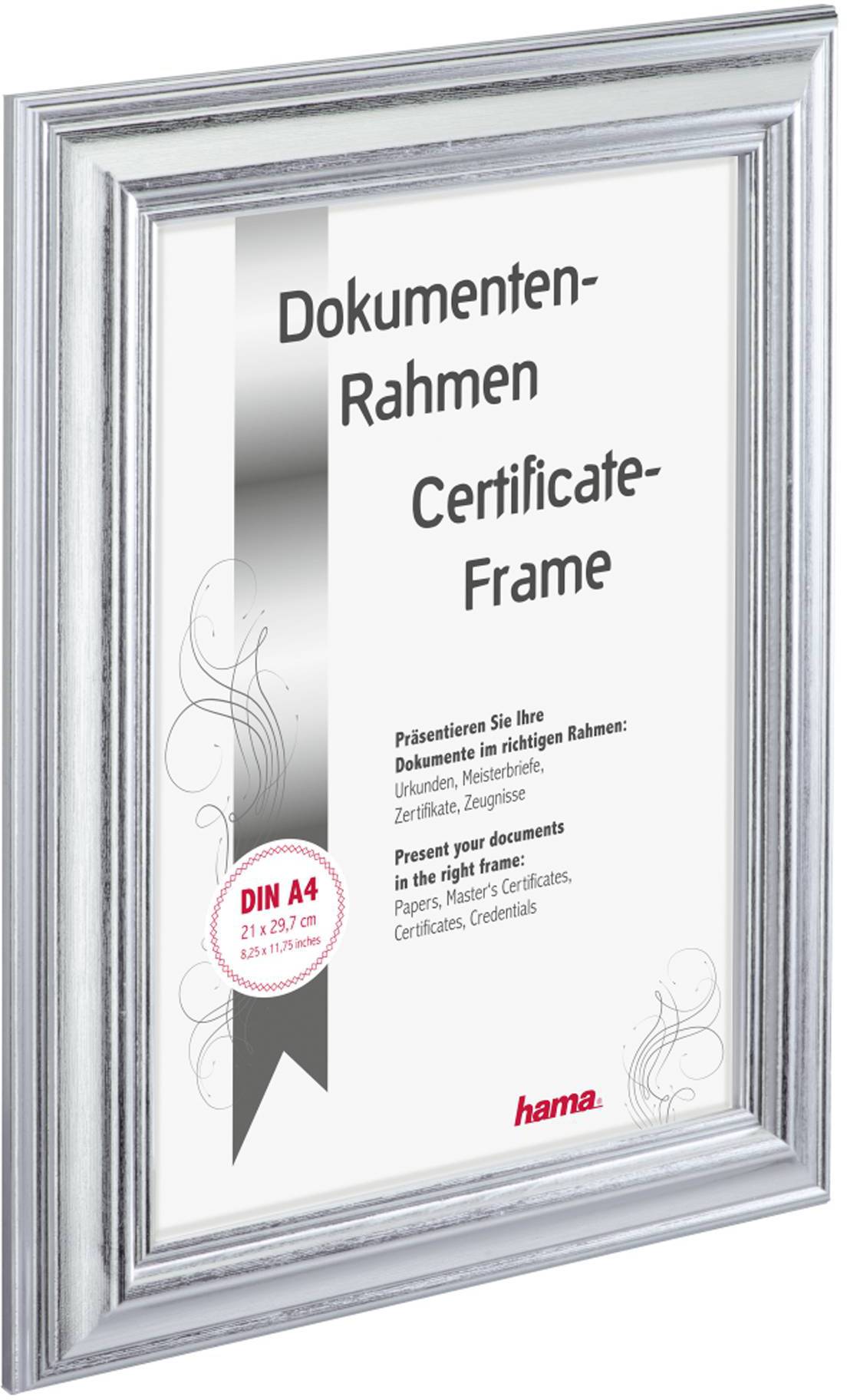 Stříbrný dokumentový rám značky Hama ve formátu DIN A4, vhodný pro listiny a certifikáty.