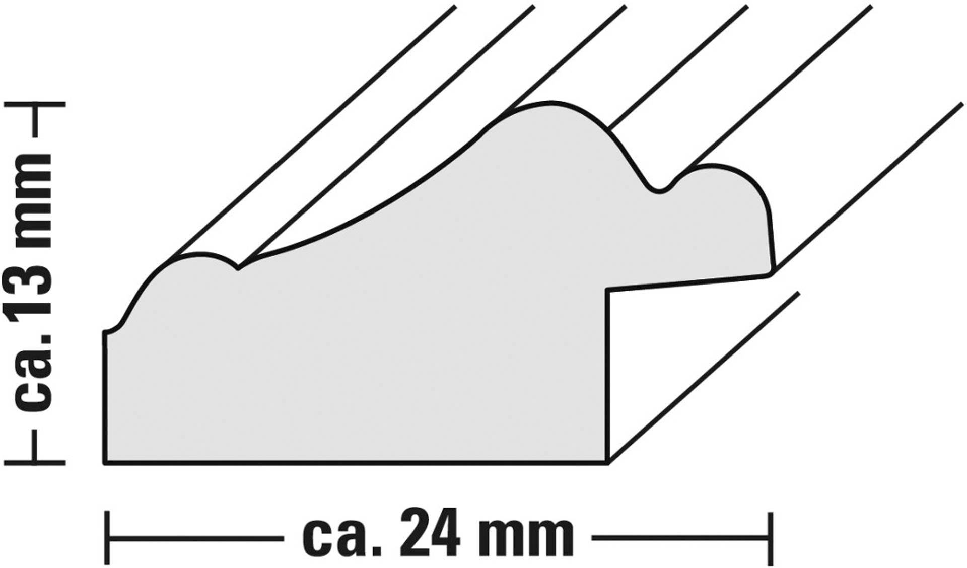 Příčný řez profilu, přibližně 24 mm široký a přibližně 13 mm vysoký, s obloukovitým horním povrchem.
