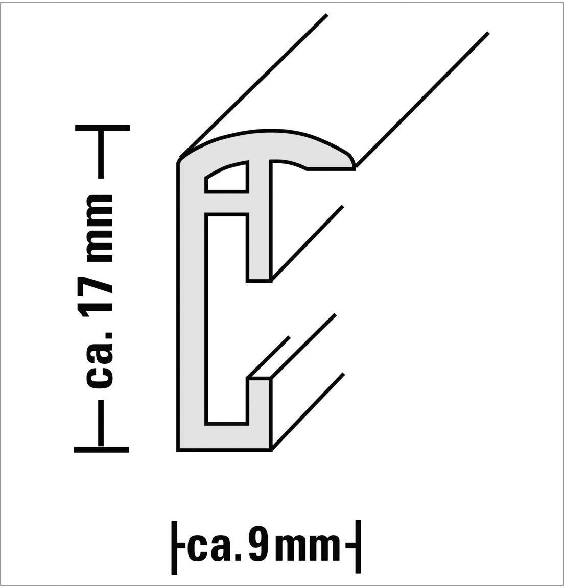 Příčný řez profilu s rozměry: výška cca 17 mm, šířka cca 9 mm.