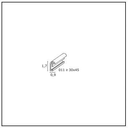 Technický výkres L-profilu s rozměry: 1,7 cm výška, 0,9 cm šířka. Označení: '011 ≥ 30x45'.
