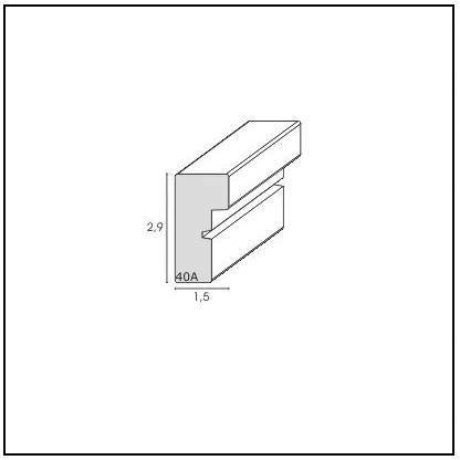 Diagram lišty s rozměry: výška 2,9 cm, šířka 1,5 cm, boční profil označen '40A'.