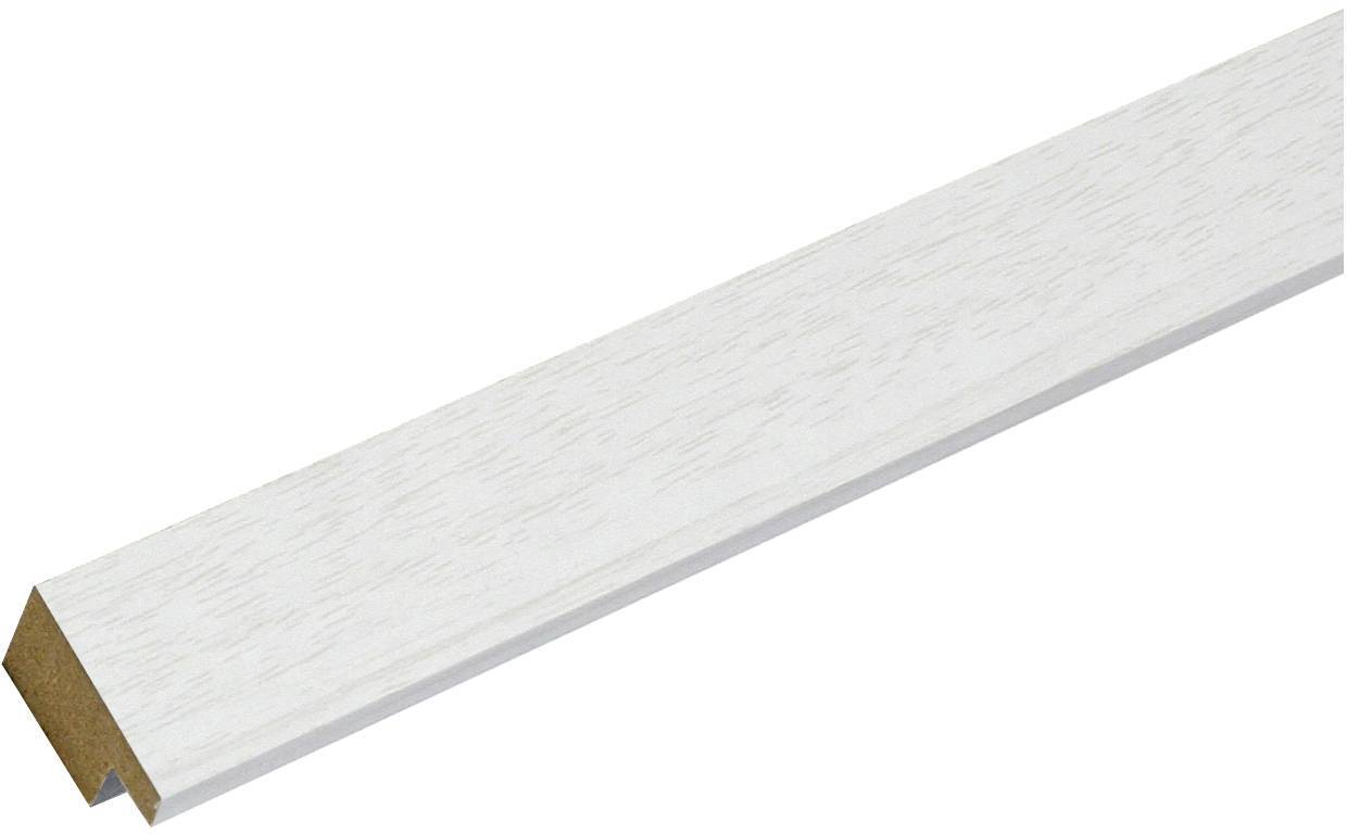 Bílý dřevěný profil v pravoúhlém tvaru, který se nejčastěji používá jako lemovací lišta nebo dekorativní prvek pro nábytek či stěny.