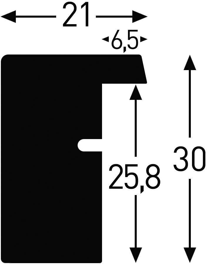 Příčný řez černého profilu s rozměry: šířka 21 mm, výstupek 6,5 mm, výška 30 mm, vnitřní sekce 25,8 mm.