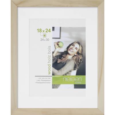 Fotorámeček s fotografií usmívající se ženy držící zelené jablko. Text: '18 x 24 cm', '24 x 30 cm', 'Dřevo'.