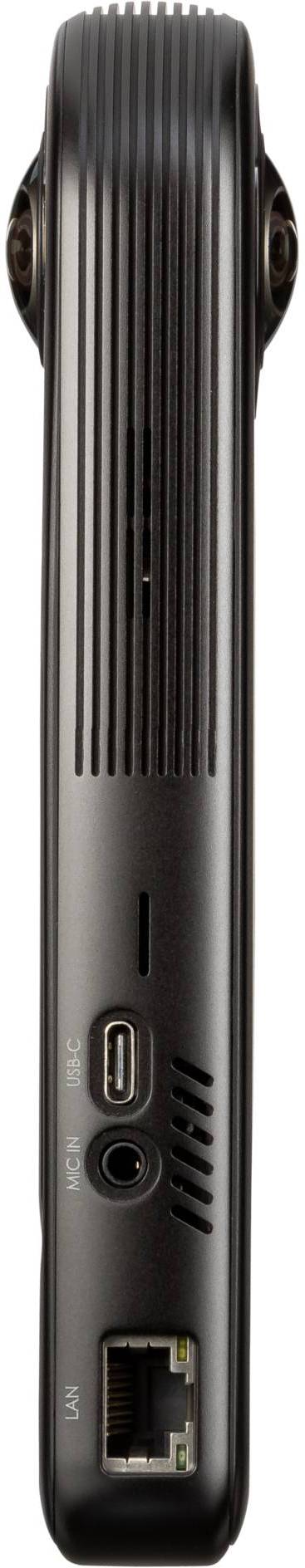Černé, úzce tvarované digitální zařízení s USB a HDMI porty a ethernetovým připojením.