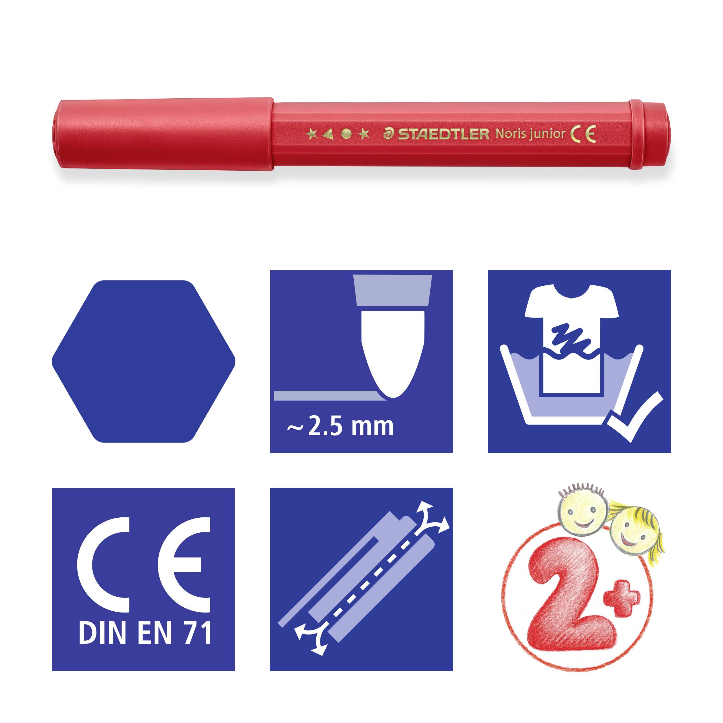 Červená tužka se zaobleným hrotem, šířka 2,5 mm. Certifikováno CE a EN 71. Vhodné pro děti od 2 let. Šestihranný uzávěr.
