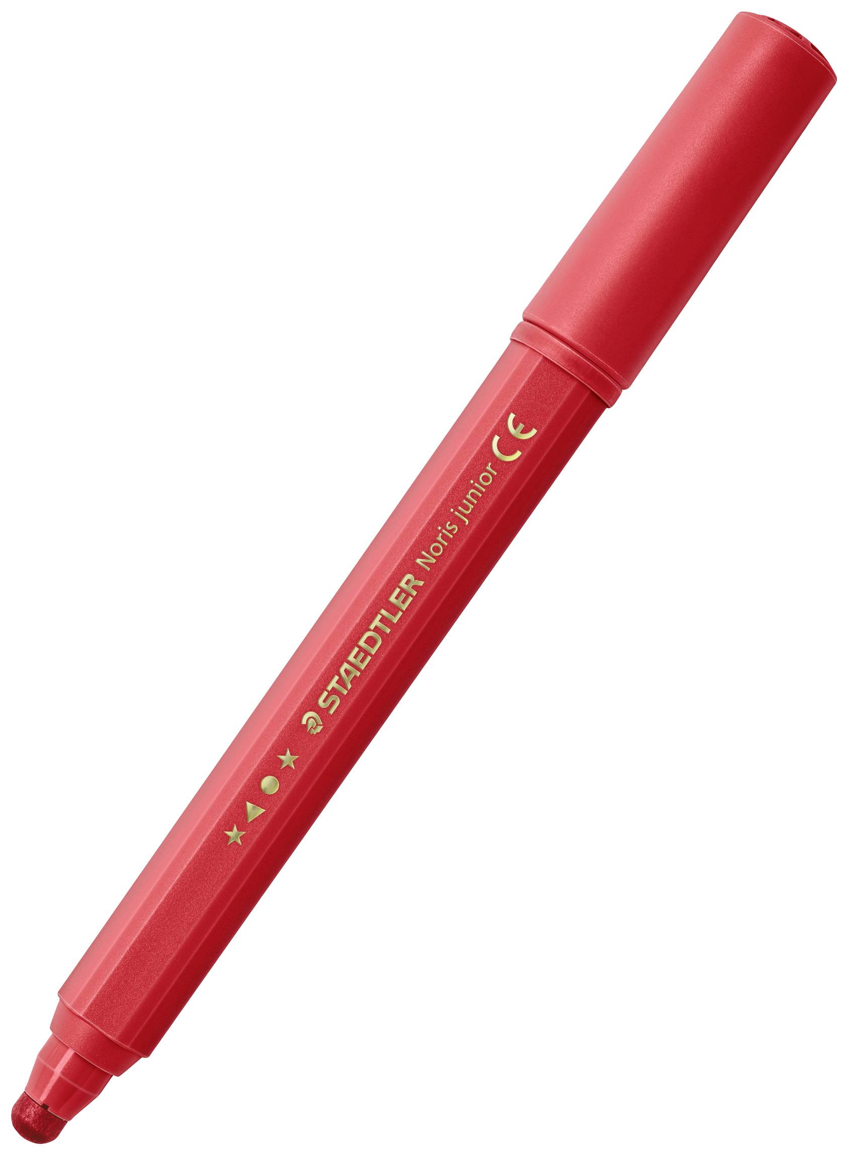 Červený plstěný fix značky Staedtler, zobrazený na bílém pozadí.