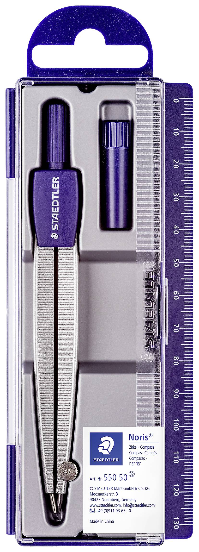 Sada geometrických pomůcek Staedtler se soupravou kružítka, pouzdrem a náhradními díly, balená v průhledné krabičce s integrovaným pravítkem.