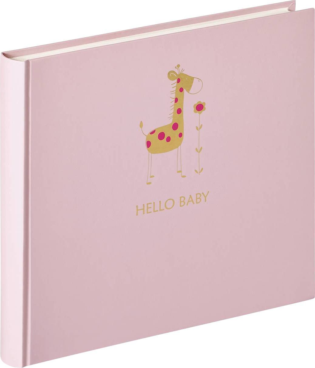 Růžové dětské fotoalbum s ilustrací usmívající se žirafy vedle květiny; pod ní je text 'HELLO BABY'.