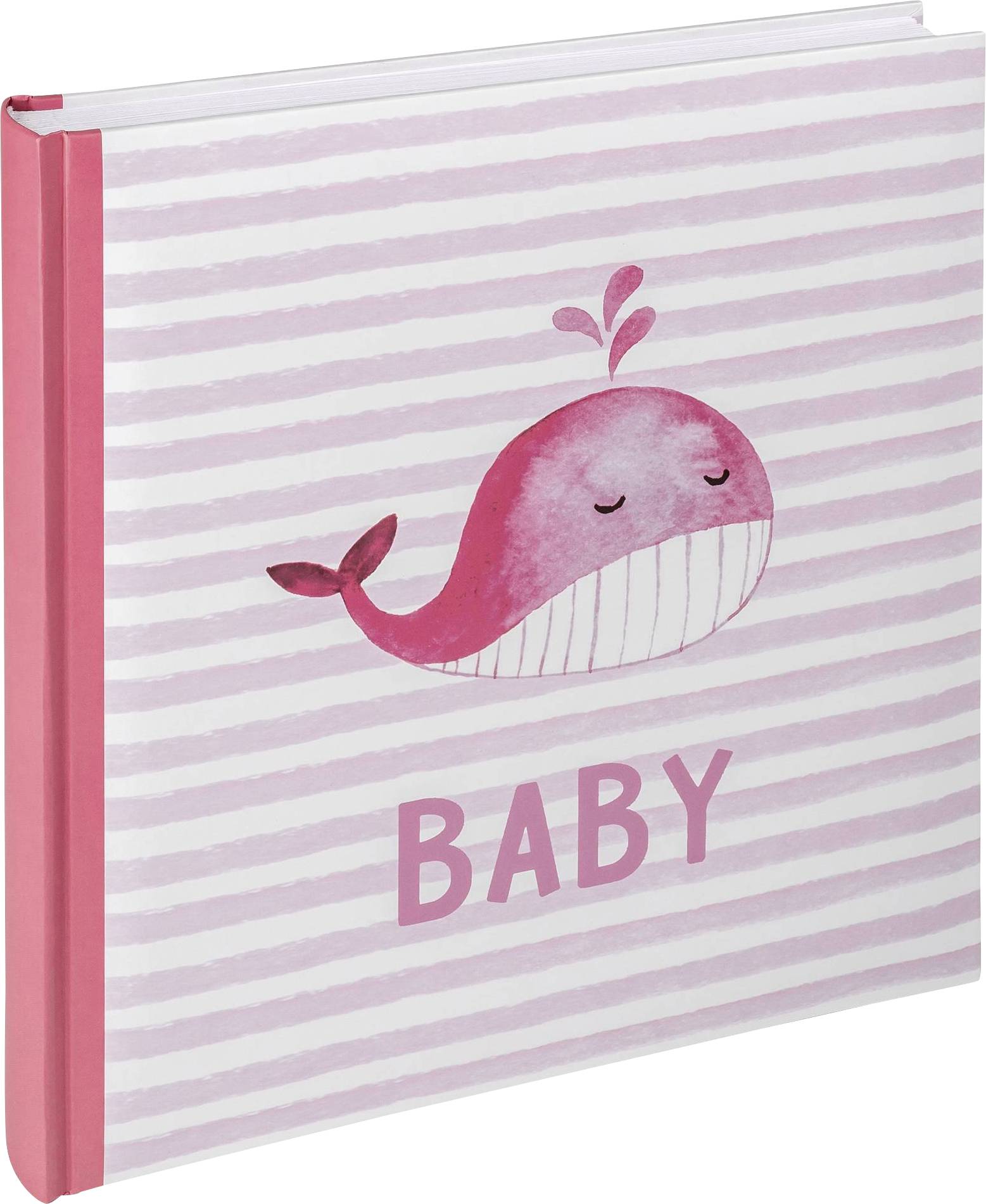 Růžové baby album s usměvavým velrybou a slovem 'BABY' na pruhovaném pozadí. Ideální pro uchovávání vzpomínek.