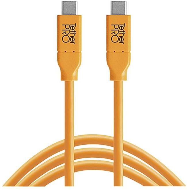 Dva oranžové USB-C kabely s nápisem 'TetherPRO' ležící vedle sebe a směřující nahoru.