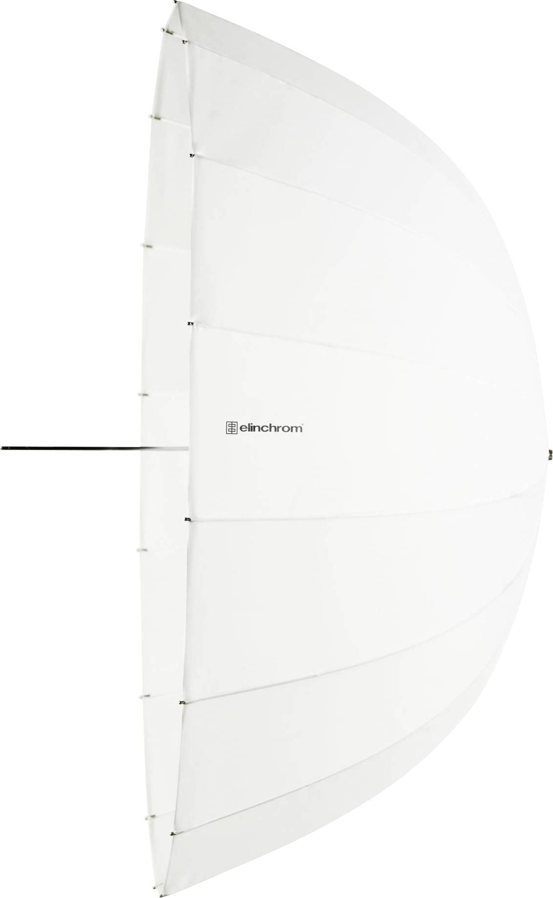 Bílý, napůl otevřený studiový deštník z boku, s logem 'elinchrom' uprostřed; slouží k rozptýlení světla ve fotografii.