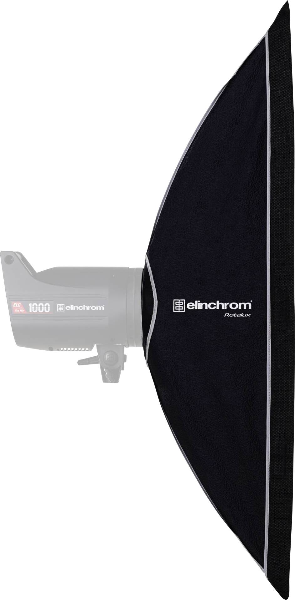 Poloprůhledný studiový blesk s černým, zakřiveným světelným formátorem a nápisem 'elinchrom Rotalux'.