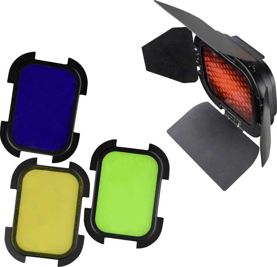 Čtyřbarevný modrý světelný filtr s dodatečnými žlutými, zelenými a červenými filtry, které umožňují účastníkům modulaci světla podle potřeby.