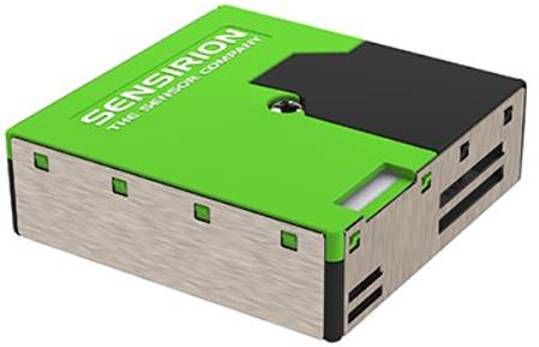 Kompaktní senzorový modul v zelené a stříbrné barvě, označený nápisem 'Sensirion - The Sensor Company'.