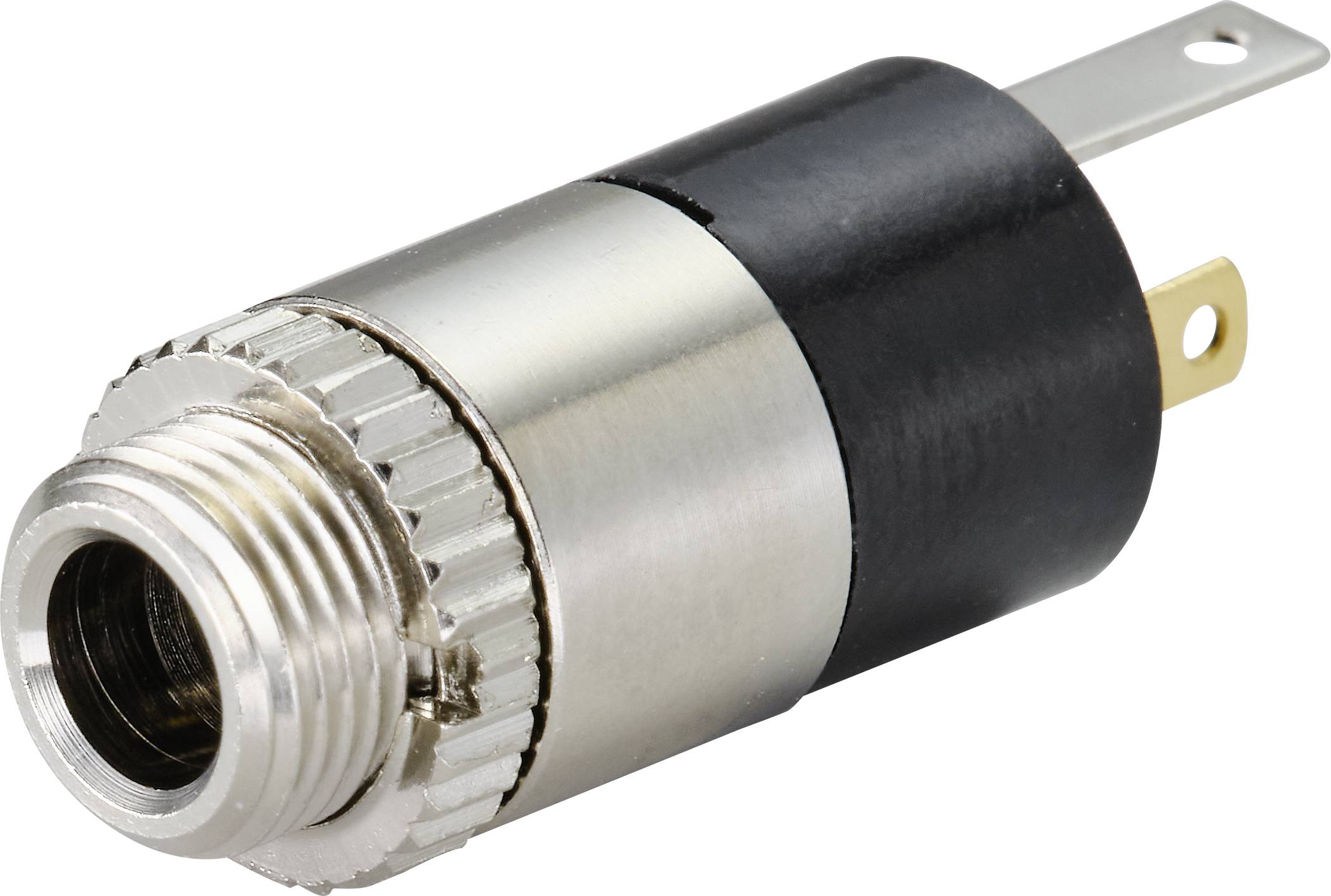 Kovová stereo audio zásuvka s kovovým závitem a třemi pájecími kontakty pro montáž do zařízení.