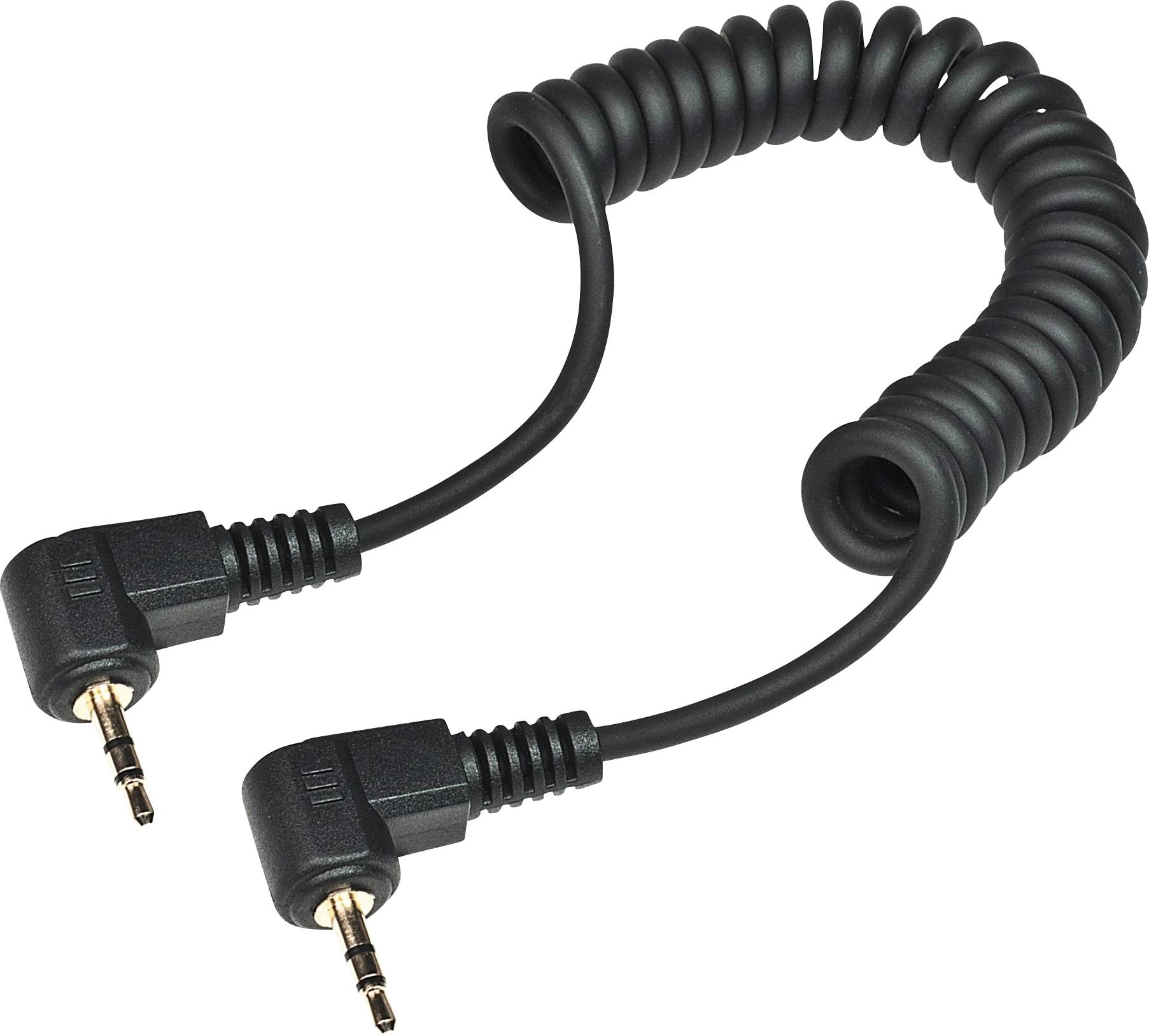 Černý spirálovitý audio kabel se dvěma zlatými 3,5mm konektory na obou koncích, vhodný pro přenosná audiozařízení.