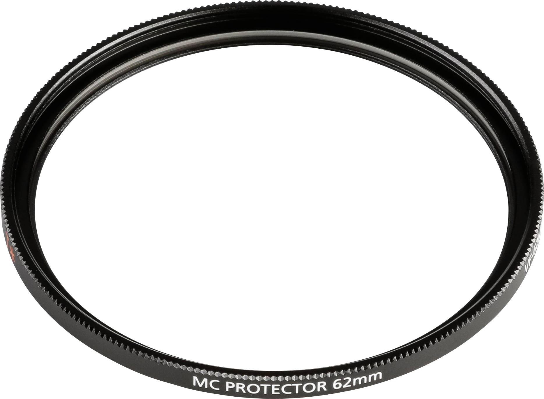 Černě rámovaný fotografický filtr s nápisem 'MC PROTECTOR 62mm', který slouží k ochraně fotoaparátových objektivů.