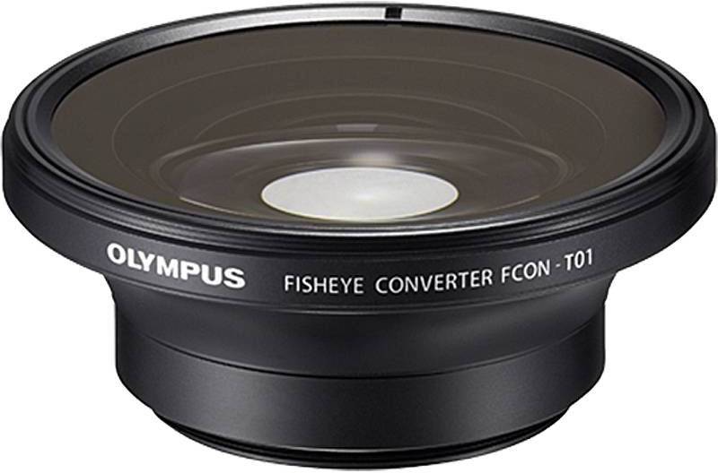 Rybí oko konvertor Olympus FCON-T01 detailně. Vhodný pro speciální širokoúhlé snímky. Černý, kulatý design.