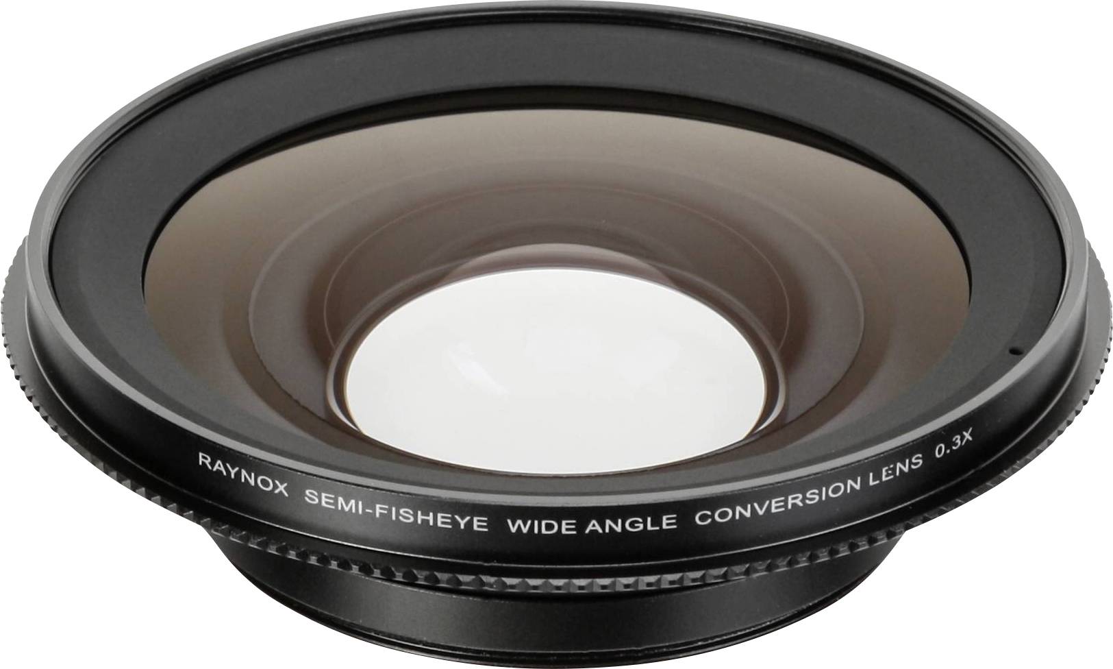 Широкоúhlá převáděcí čočka s poloprůhledovým rybím okem, černá, s nápisem „Raynox Semi-Fisheye Wide Angle Conversion Lens 0.3x".