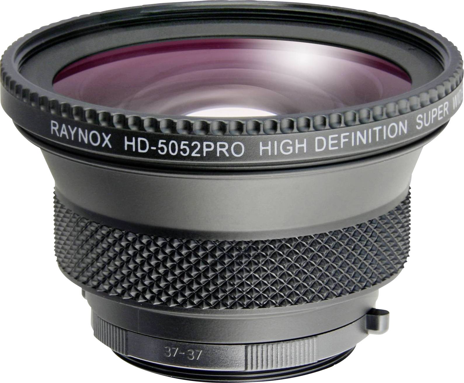 Širokoúhlý objektiv s nápisem 'RAYNOX HD-5052PRO VYSOCEDEFINOVANÝ SUPER ŠIROKOÚHLÝ'.