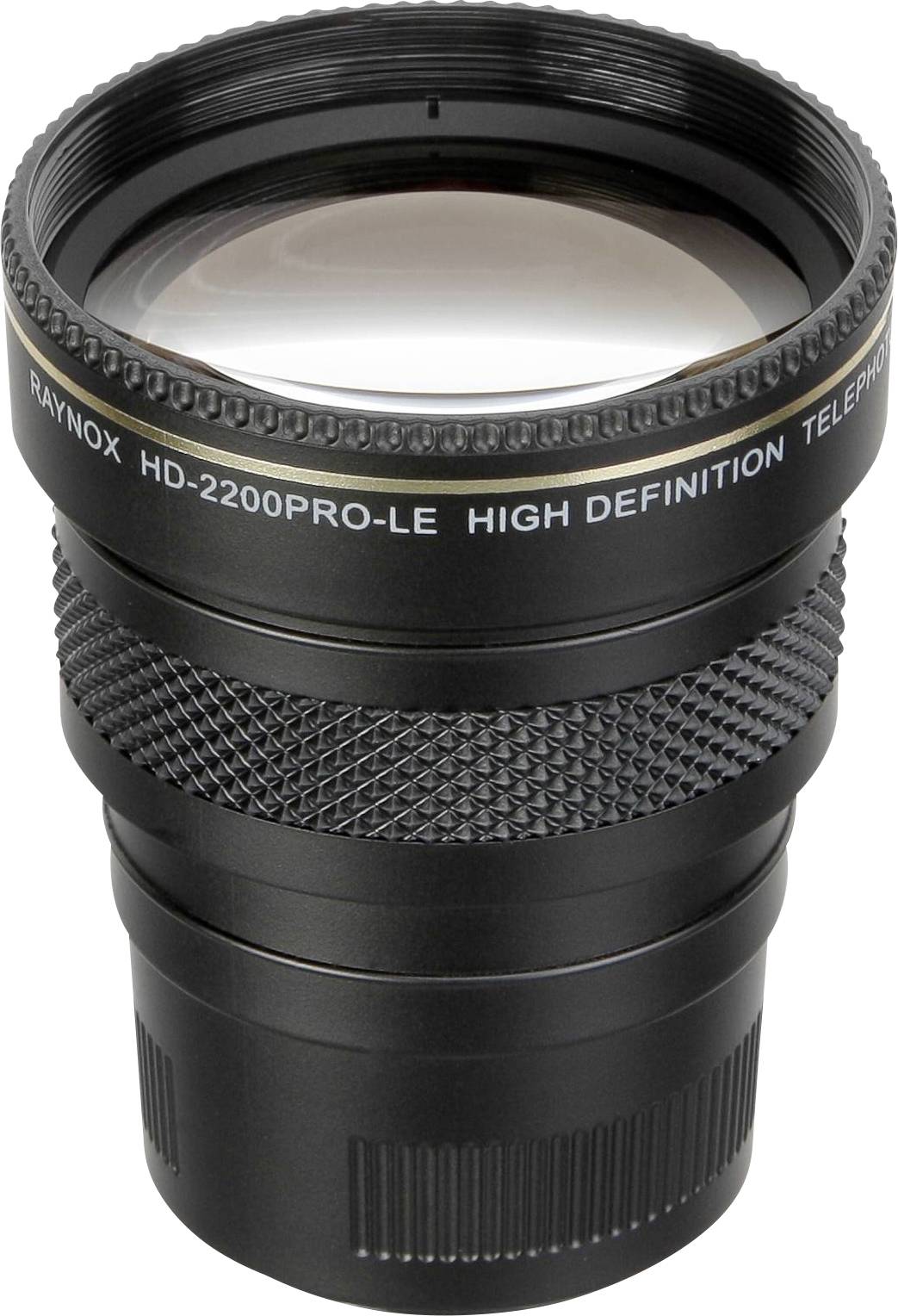 Černý teleobjektiv s nápisem 'RAYNOX HD-2200PRO-LE HIGH DEFINITION TELEPHOTO', vhodný pro fotoaparáty k přiblížení motivů.