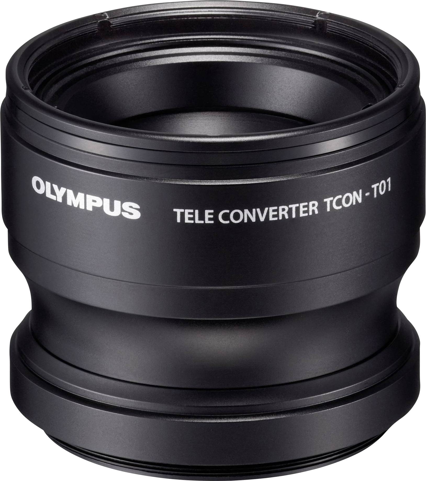 Černý Olympus telekonvertor TCON-T01, válcovitý tvar, rozšiřuje optický dosah fotoaparátů, boční pohled na produkt.