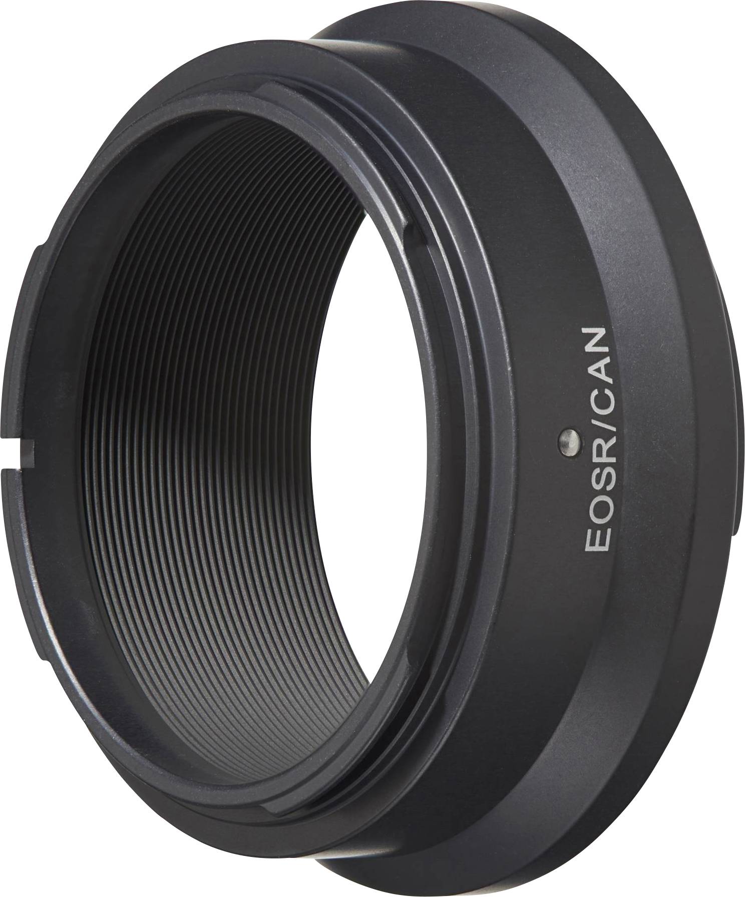 Adaptér pro fotoaparáty Canon EOS, černý, válcovitý, určený k propojení objektivů různých značek.