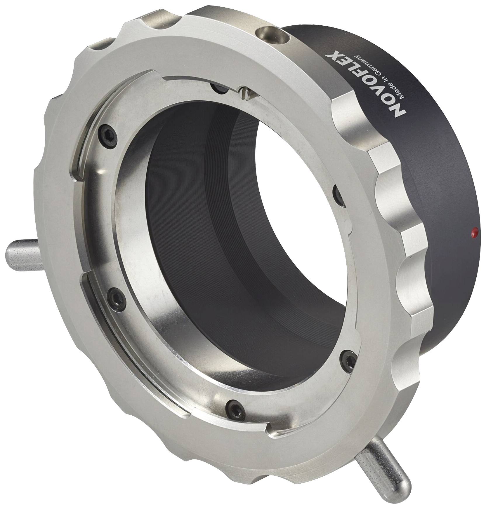 Kovový adaptér na objektivy Novoflex pro připojení fotoaparátů s nekompatibilními objektivy, boční pohled.