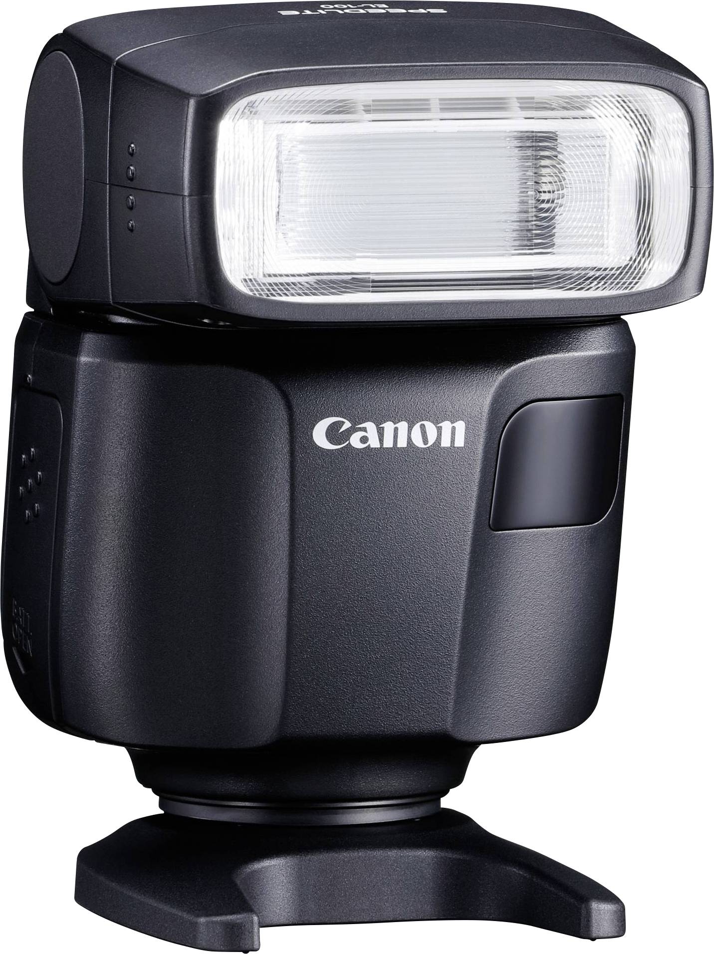Blesk fotoaparátu s logem Canon, černé tělo, obdélníkový zábleskový reflektor, určený pro fotografické použití.