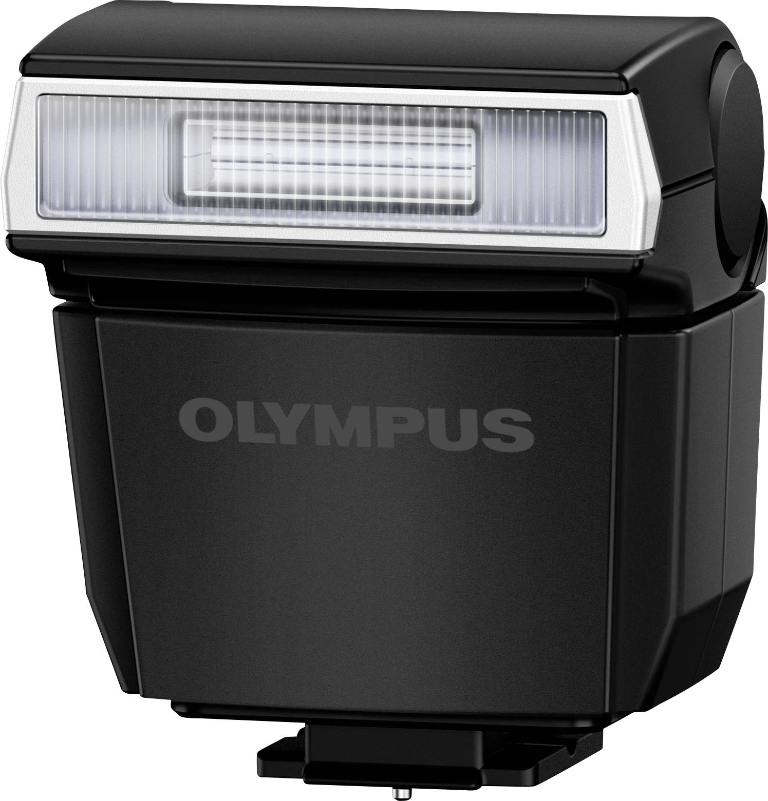 Černý blesk fotoaparátu Olympus se stříbrnými detaily na přední straně, vhodný pro osvětlení fotografovaných motivů.