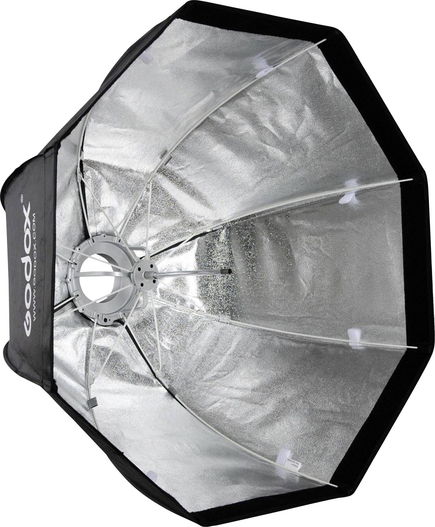 Osmihranný softboxový reflektor se stříbrným vnitřkem, vhodný pro studiovou fotografii a měkké rozptýlení světla.