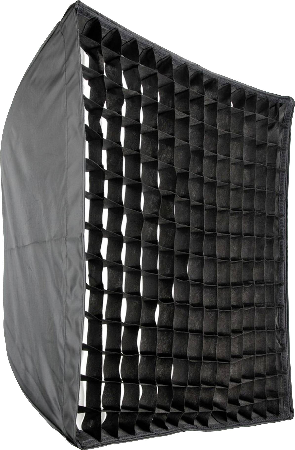 Černý softbox se síťkou pro usměrnění světla, často používaný ve fotografii pro rovnoměrné osvětlení.