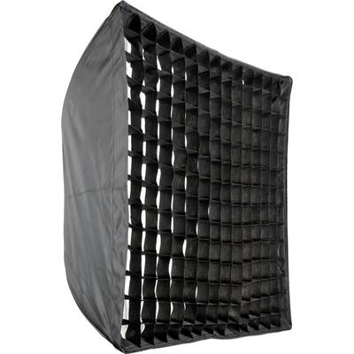 Černý softbox se síťkou pro usměrnění světla, často používaný ve fotografii pro rovnoměrné osvětlení.