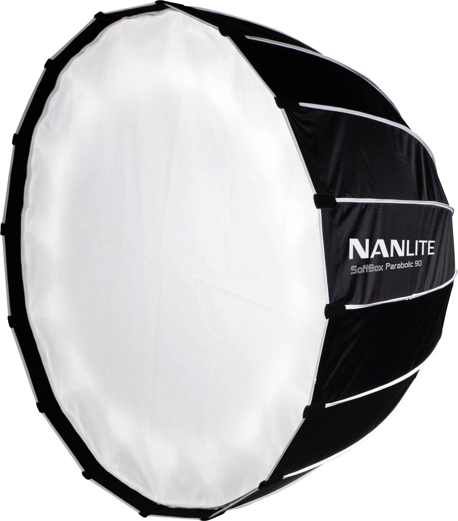 Kulatý černý studiový fotoaparátový softbox se sněhobílým difuzním potahem, označený nápisem 'NANLITE Softbox Parabolic 90'.