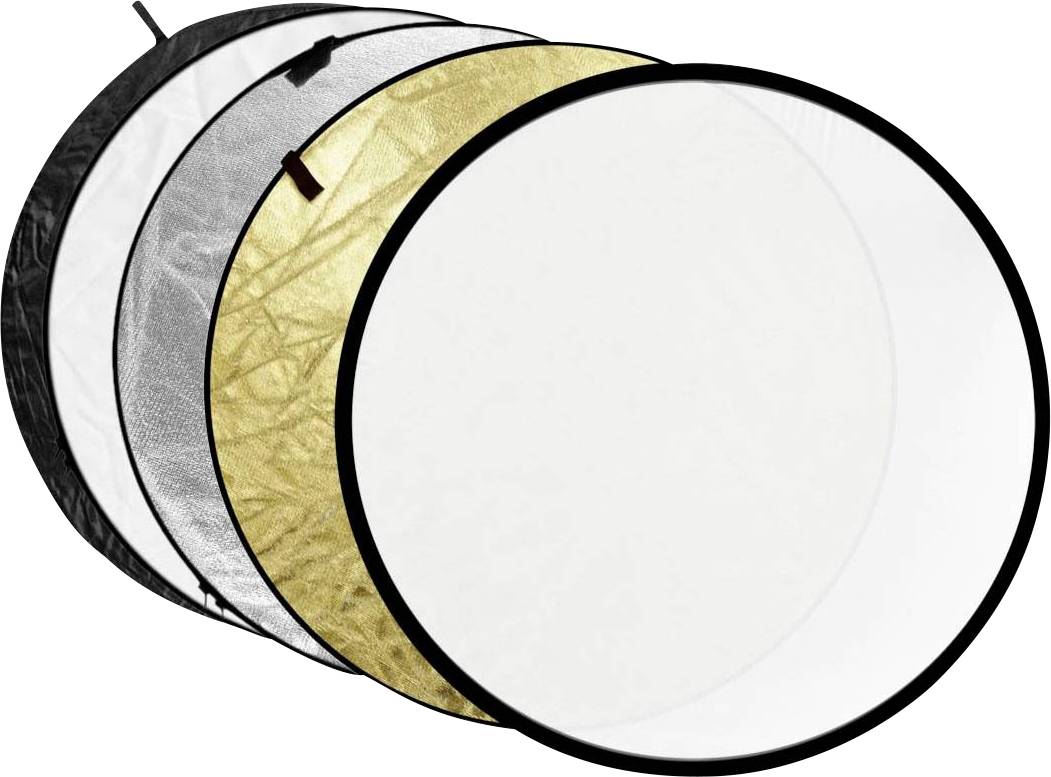 Reflektor-Kit s pěti kulatými panely: černý, stříbrný, zlatý, bílý a průhledný. Používá se pro řízení světla ve fotografii.