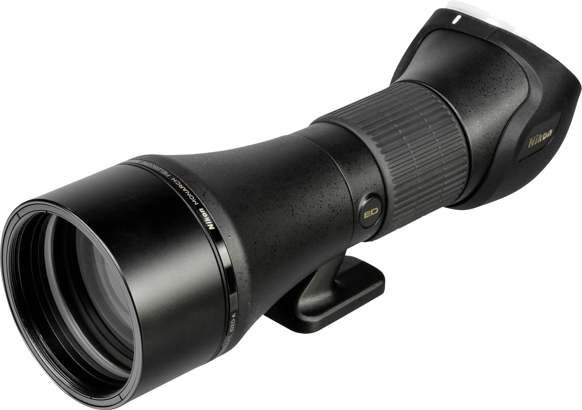 Černý teleobjektiv Nikon s držákem na stativ a zoomovacím prstencem.